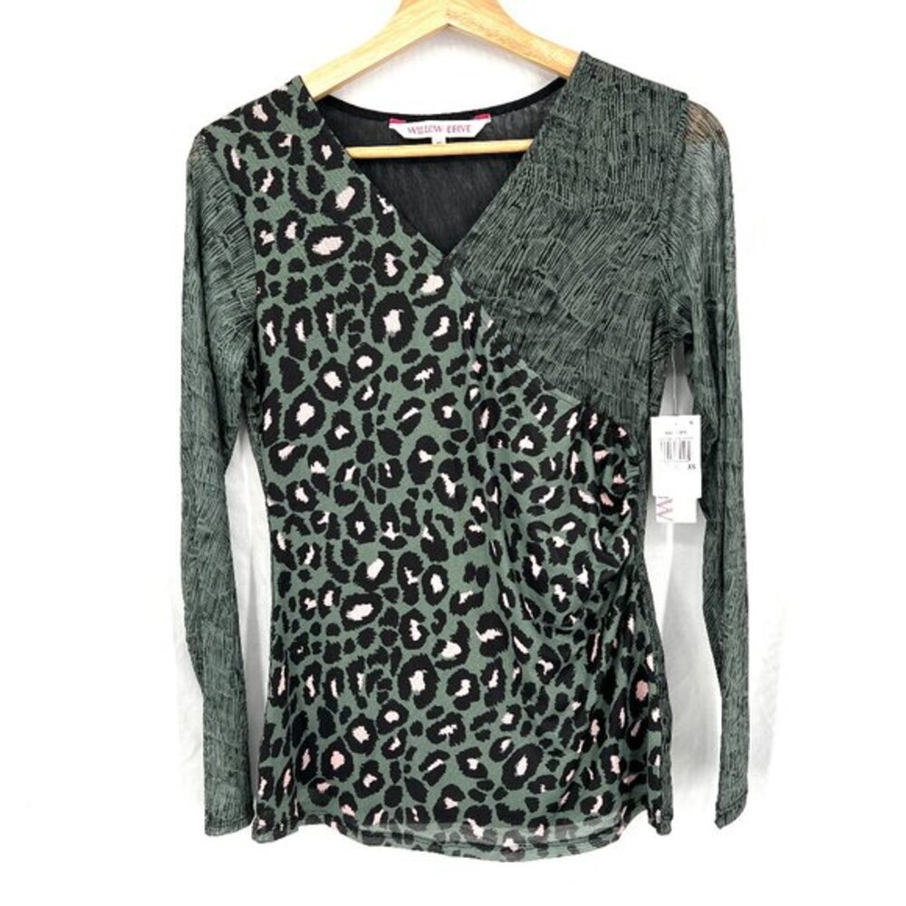NEW Willow Drive green print geometric semi-sheer patchwork maximalist top XS